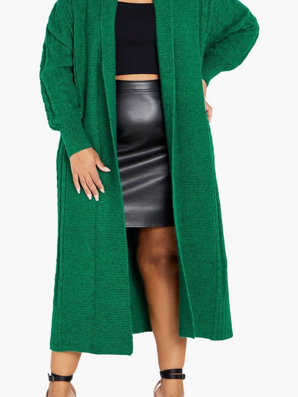 City Chic Long Open-Front Cardigan in Emerald Green